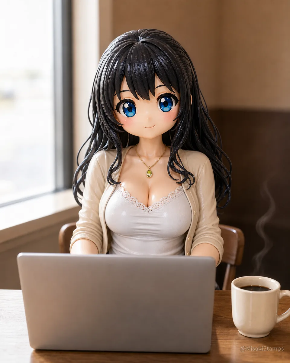 ベージュのカーディガンを着た黒髪ロングの女性キャラクターMisakiが、カフェのテーブルでノートパソコンから顔を上げてこちらを見ている。右手前に湯気の立つコーヒーカップ。クレイ風3Dイラスト。