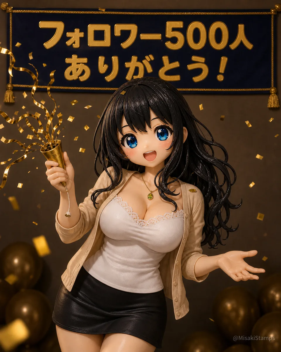 ベージュのカーディガンと白いトップスを着た黒髪ロングのMisakiが、金色の紙吹雪が舞う室内でクラッカーを鳴らしてフォロワー500人を祝っている。背景に「フォロワー500人ありがとう！」と書かれた幕がある、クレイ風3Dイラスト。