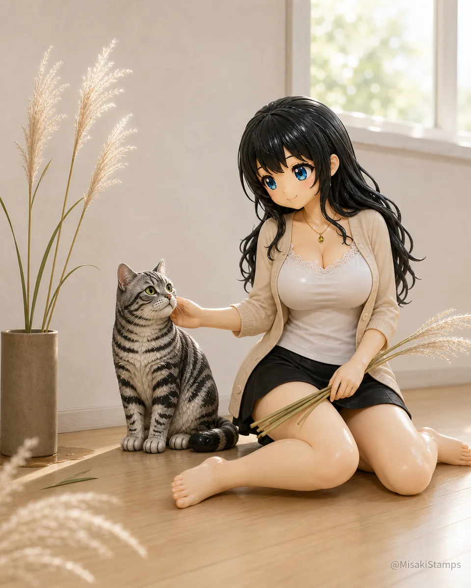 ベージュのカーディガンと白いトップスを着た黒髪ロングのMisakiが、床に座って秋の穂を手に持ち、隣にいる銀しま猫のマルを優しくなでている。朝の光が差し込む室内のクレイ風3Dイラスト。
