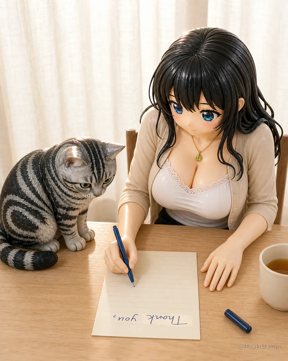 明るい室内のテーブルで、3DのMisakiがしま模様の猫のそばで便箋にペンで書いている。