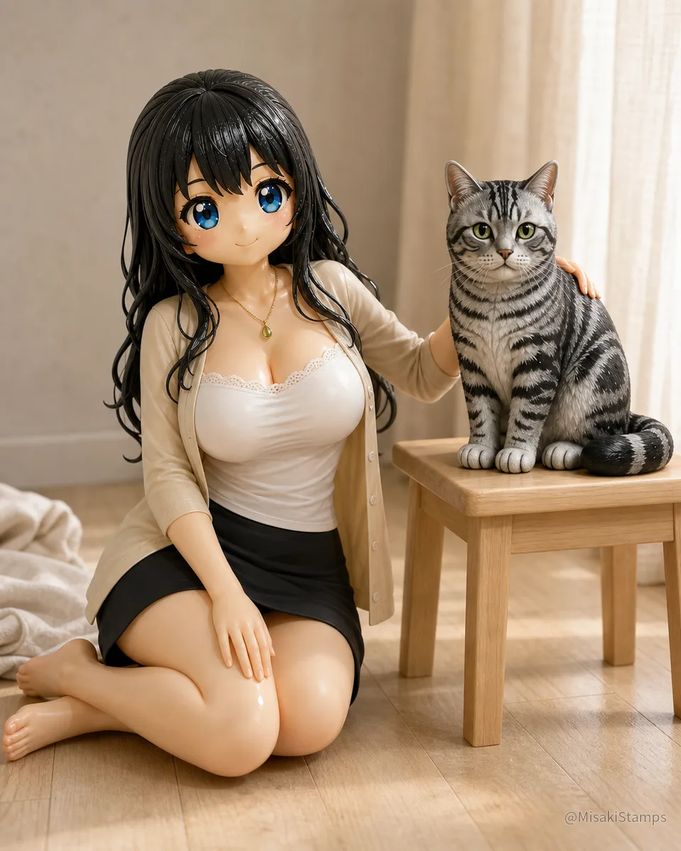 室内で、黒髪の女性が木のテーブルに座る縞模様の猫に手を添えている3D風の場面を描いている。