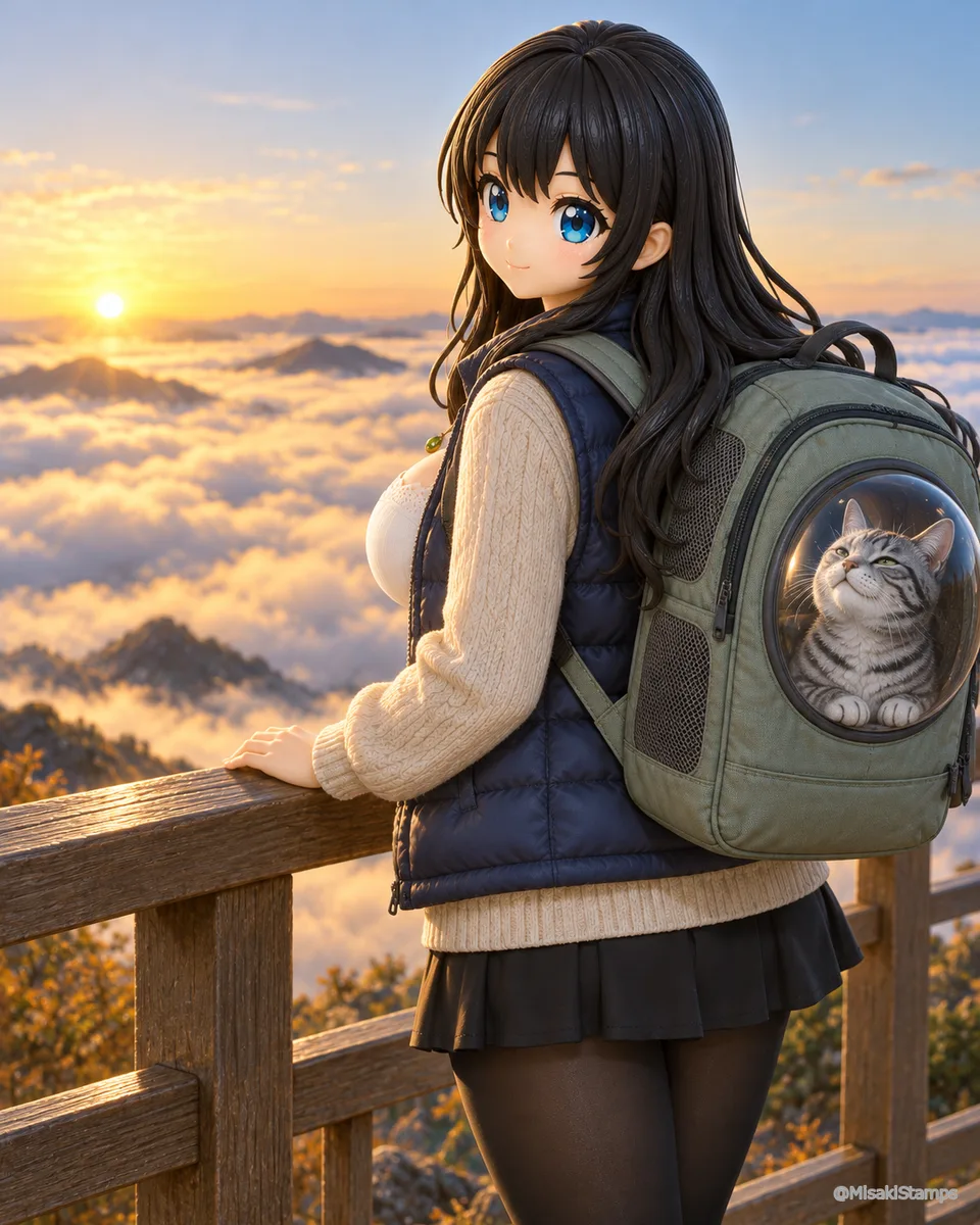 屋外で、Misakiが山の展望場所の手すりに手を添えている。背中のキャリーリュックの窓から銀しま猫のマルが顔を見せている。朝日に染まる雲海の3Dイラスト。