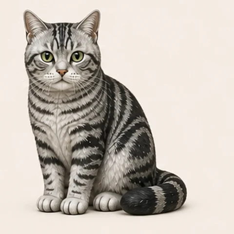 正面のカメラを見ながら座る、銀色と黒の縞模様をした3D表現の猫マル。