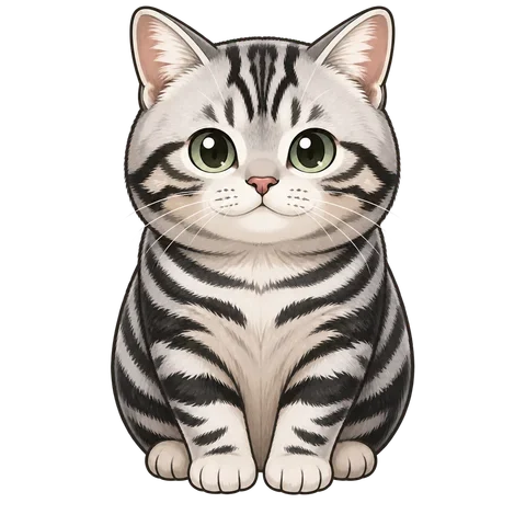 正面を向いて座る、丸い顔と大きな緑の目をしたデフォルメ表現の猫マル。