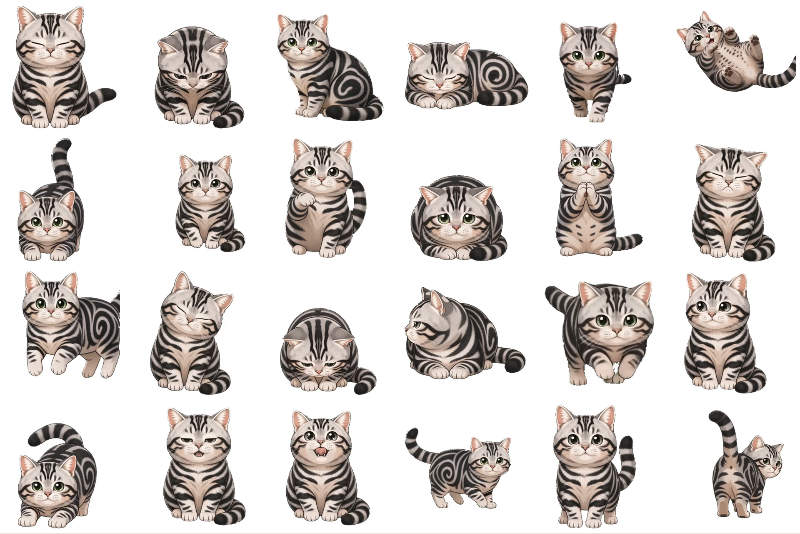 白い背景で、銀しま猫のマルが24種類の表情と動きを見せる、デフォルメ3Dイラスト。