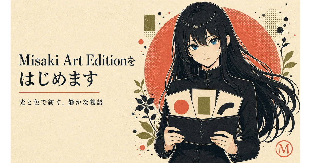 生成り色の背景で、黒髪のMisakiが3枚の作品カードを手に持つ、平面的な和風イラスト。