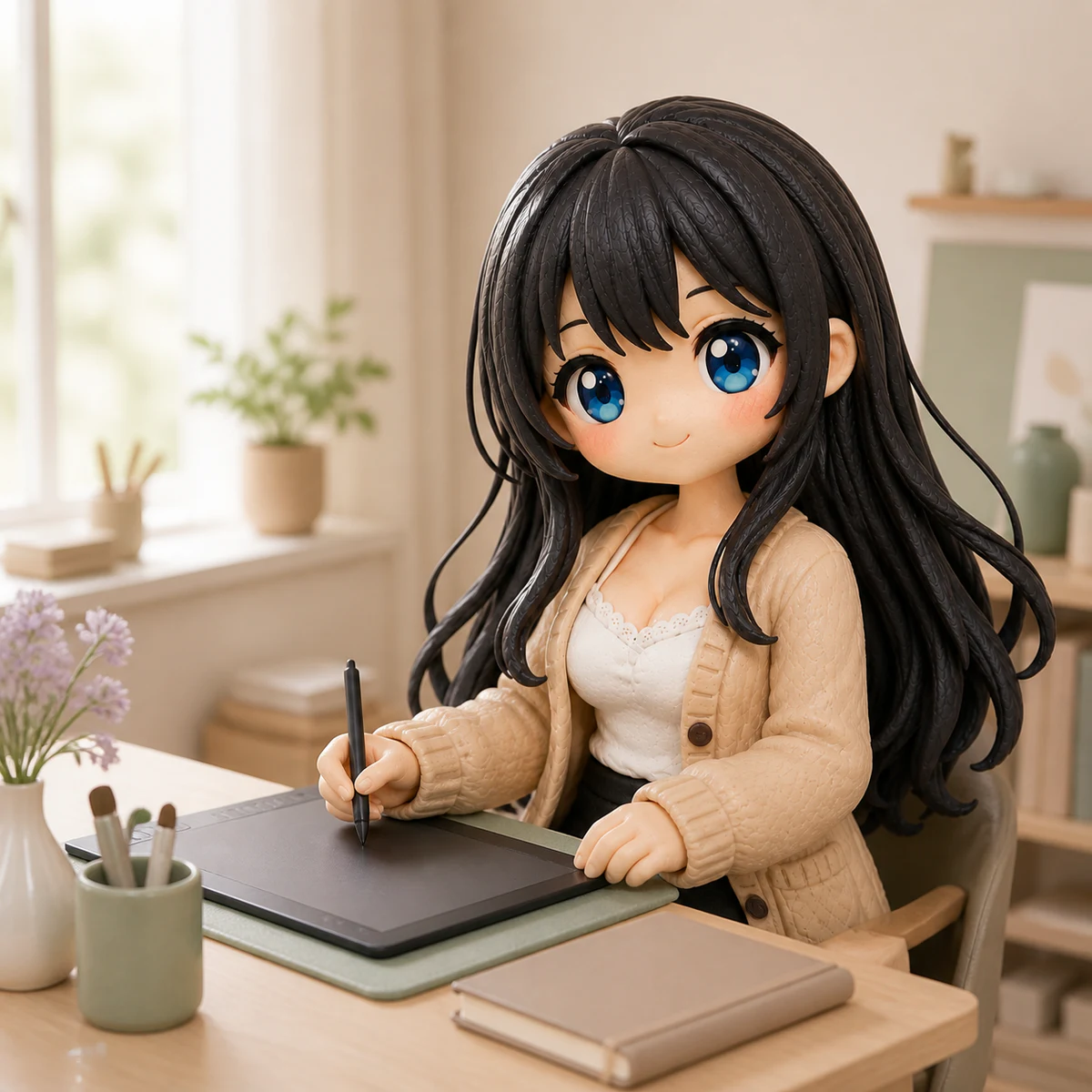 明るい室内の作業机で、黒髪ロングと青い目のMisakiがペンタブレットにペンを置いている。クレイ風3Dイラスト。