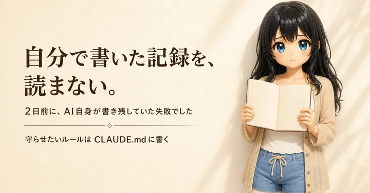 ベージュの室内で、黒髪のMisakiが開いたノートを持って立っている。横に『自分で書いた記録を、読まない。』の文字を配した3Dイラスト。
