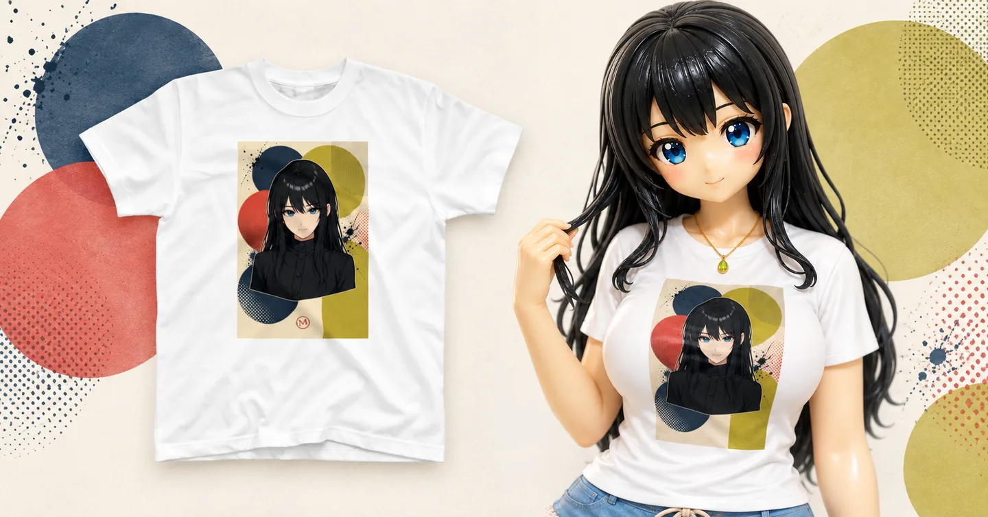 明るい背景で、白いTシャツの商品画像と、同じTシャツを着たMisakiを並べている。3DのSUZURIグッズ紹介イメージ。