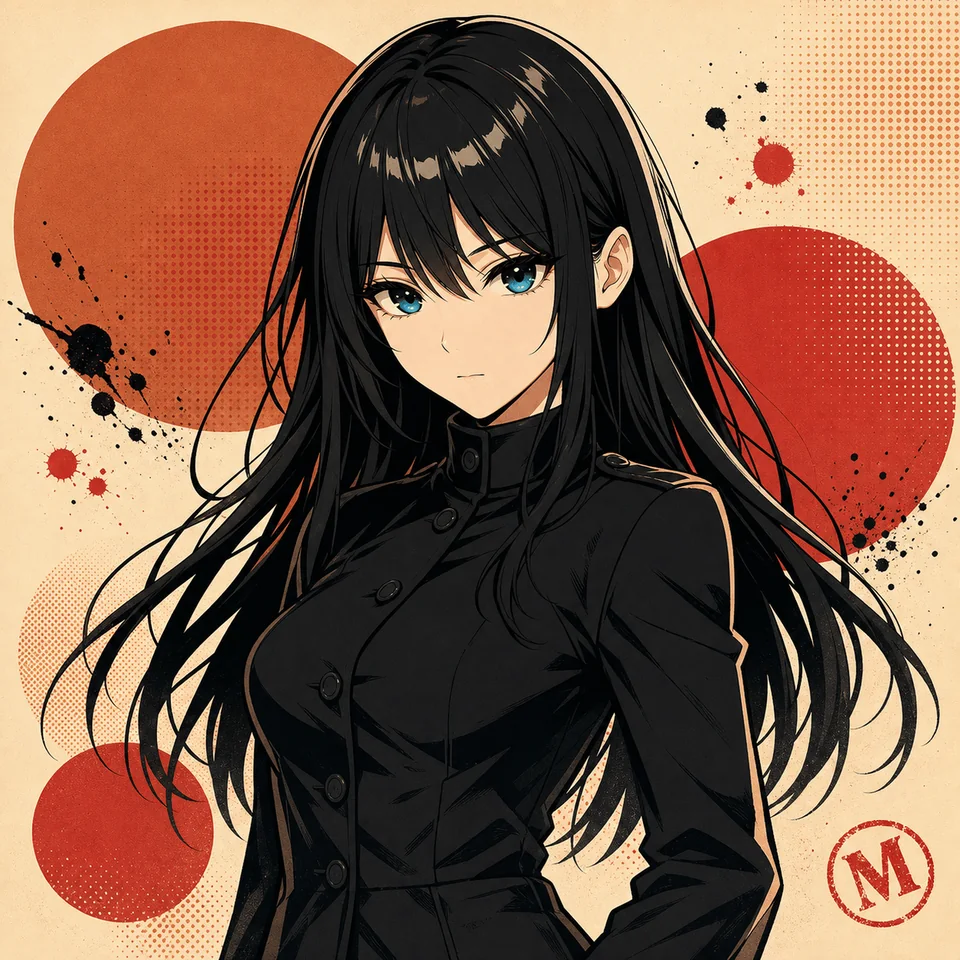 生成り色の背景に赤と橙の円形を配し、黒い服のMisakiを描いたArt Edition作品。