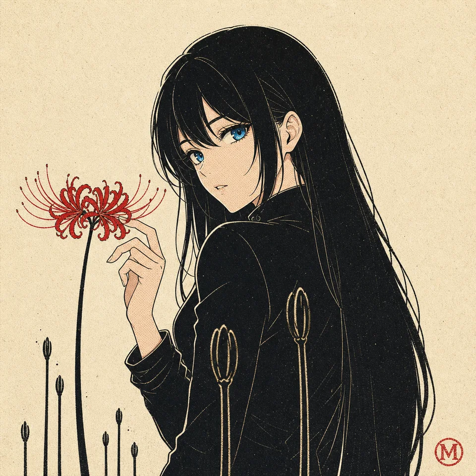 生成り色の背景に赤い彼岸花と、黒い服で花に指を寄せるMisakiを描いたArt Edition作品。