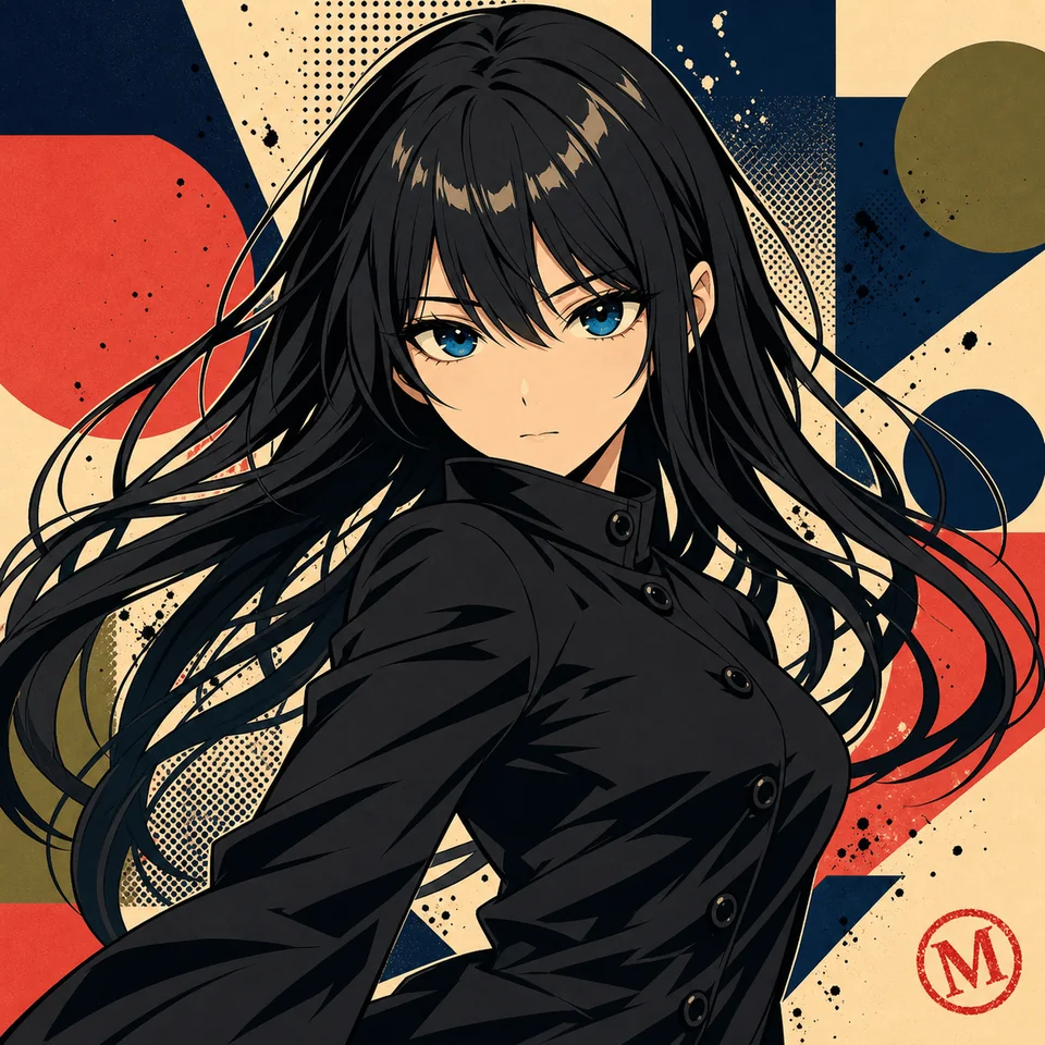生成り色と濃紺と赤茶の色面を背景に、黒い服のMisakiが振り向くArt Edition作品。