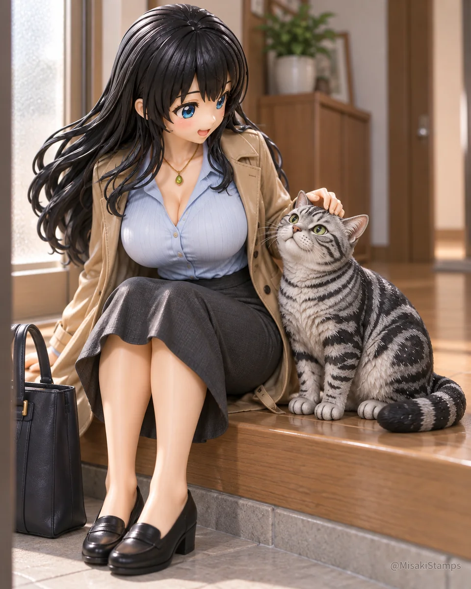 玄関に座る3DのMisakiが、隣で見上げる銀しま猫のマルの頭をなでている。